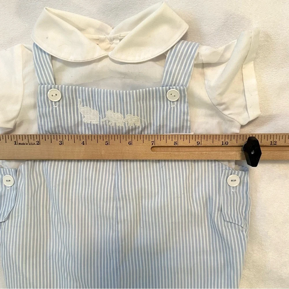 Vintage Baby Togs Boys Blue White Striped Elephants Shortall Romper 6-9M
